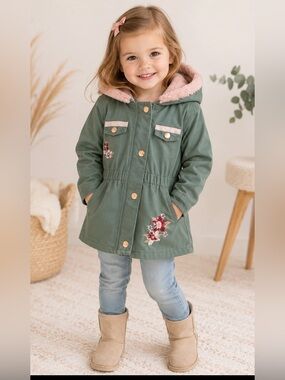 Little Lass 🌸 Embroidered Hooded Utility Jacket 24M Sage Green Pink Faux Fur